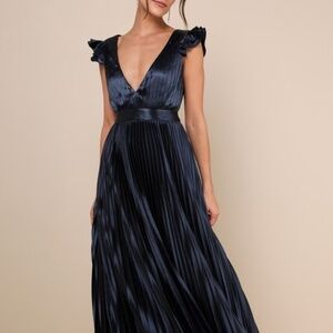 Lulus Exceptional Drama Navy Blue Satin Lace-up Pleated Maxi Dress - Size S